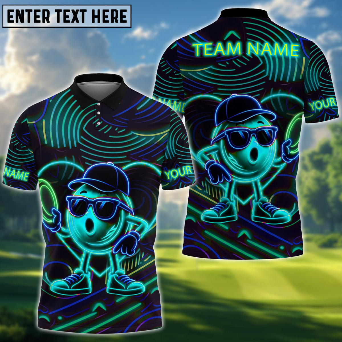 BlueJose Disc Golf Neon Funny Character Personalized Name, Team Name 3D Shirt (4 Colors)