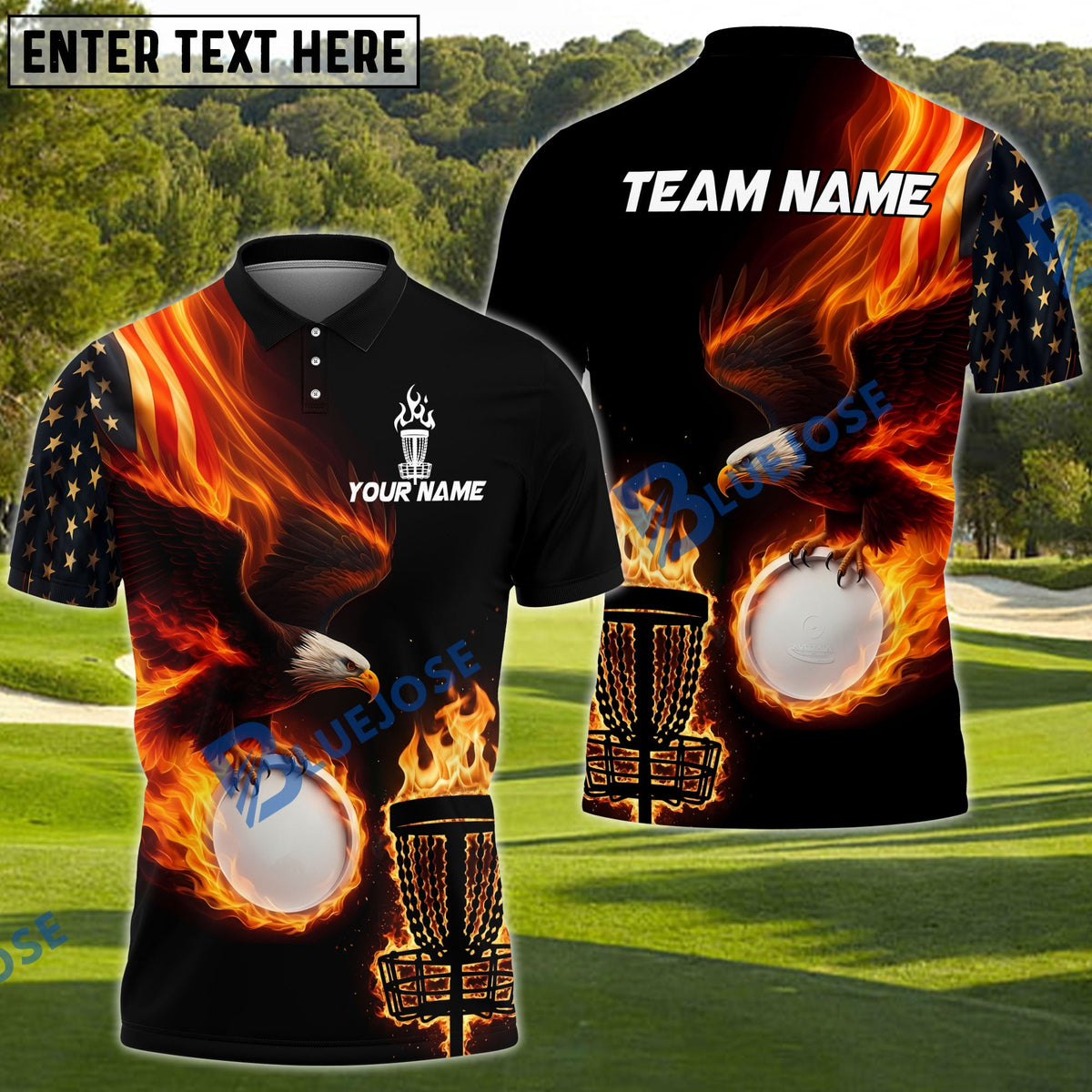 BlueJose Disc Golf Eagle Flag Flame Personalized Name, Team Name 3D Shirt (4 Colors)