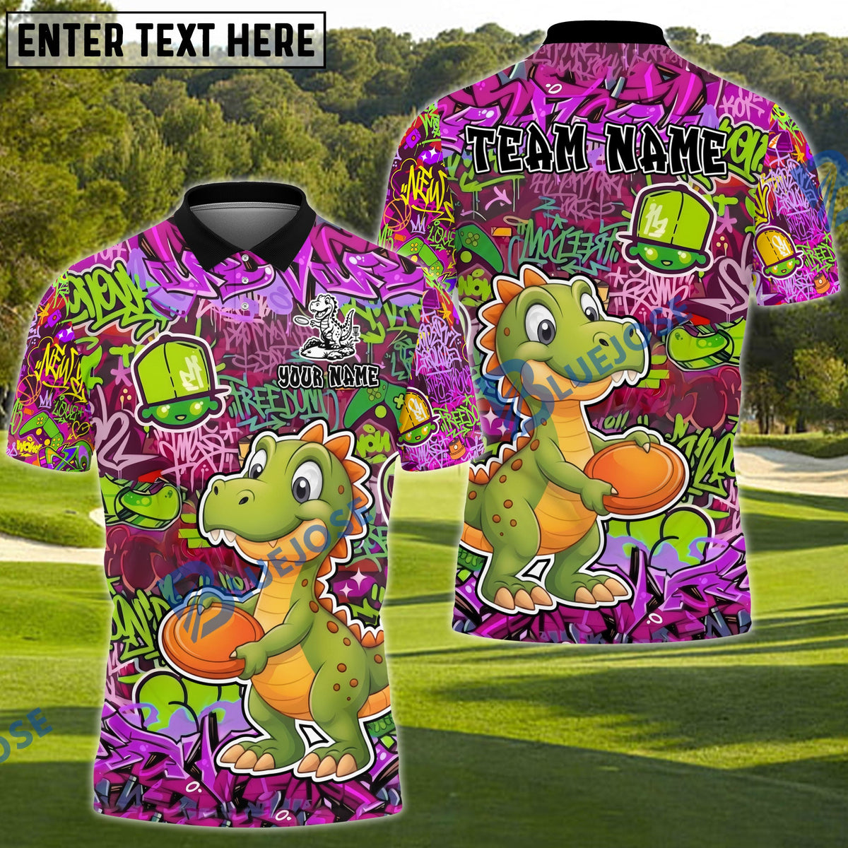 BlueJose Disc Golf Graffiti Cute Dinosaur Personalized Name, Team Name 3D Shirt (4 Colors)