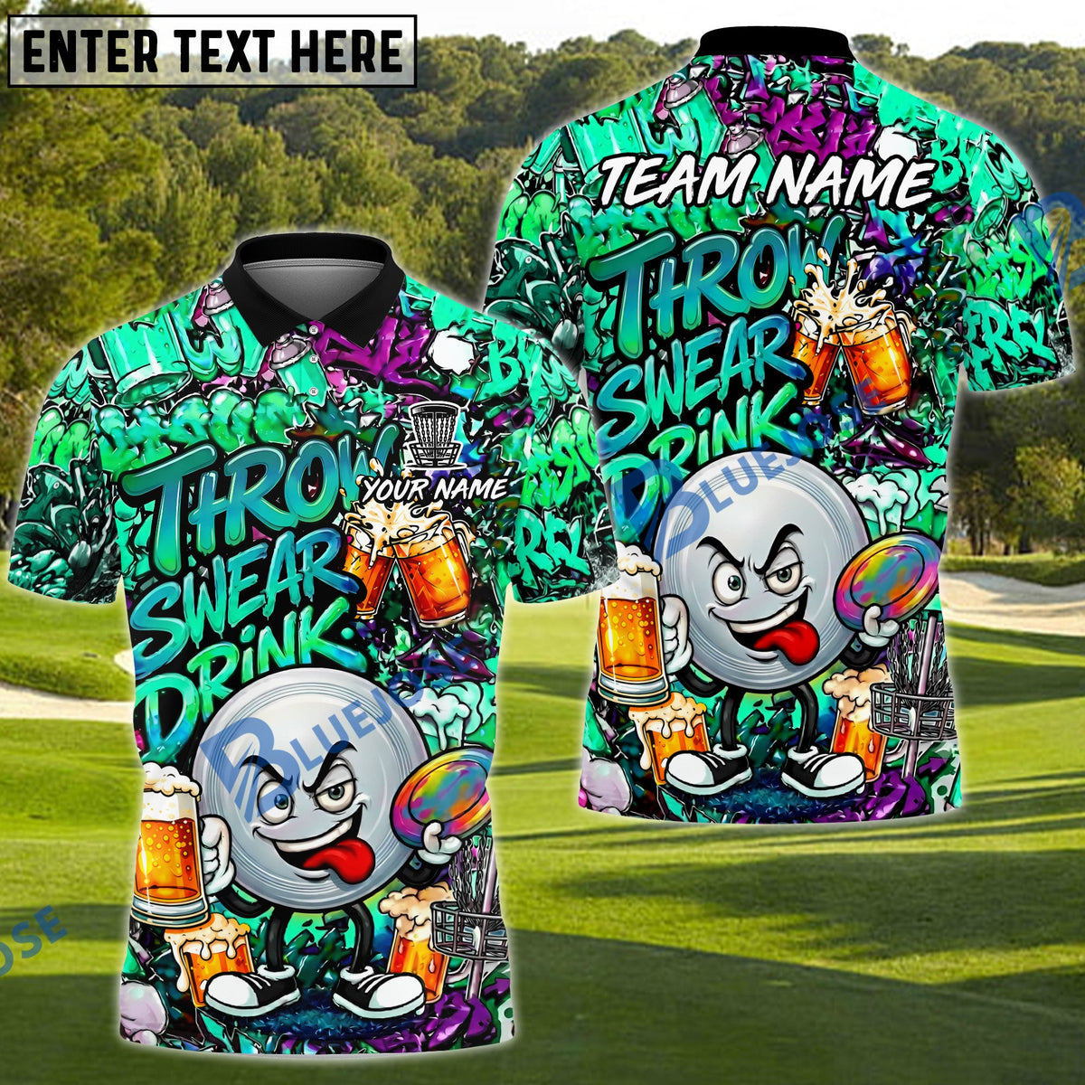 BlueJose Disc Golf Beer Graffiti Character Funny Drunk Personalized Name, Team Name 3D Shirt (6 Colors)