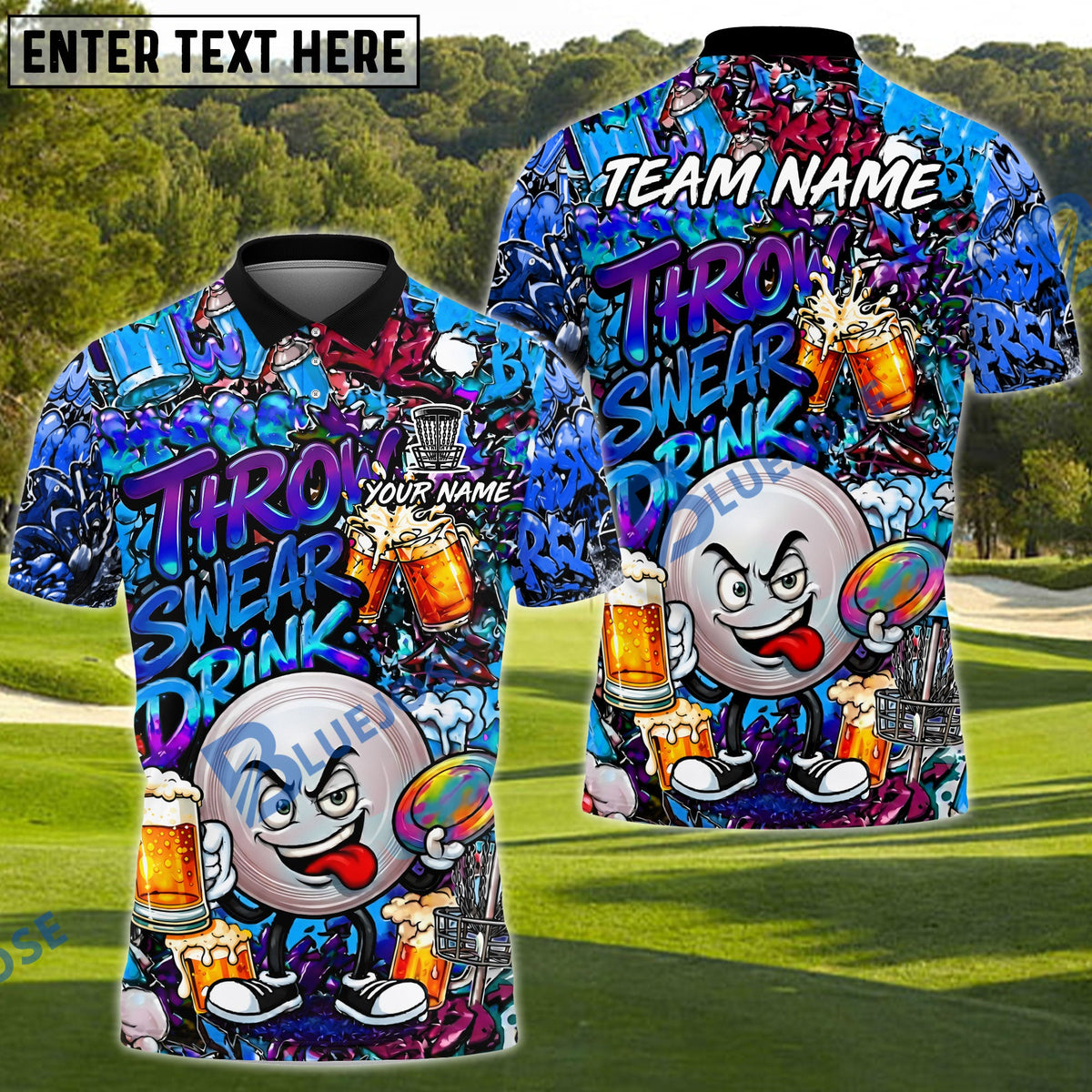 BlueJose Disc Golf Beer Graffiti Character Funny Drunk Personalized Name, Team Name 3D Shirt (6 Colors)