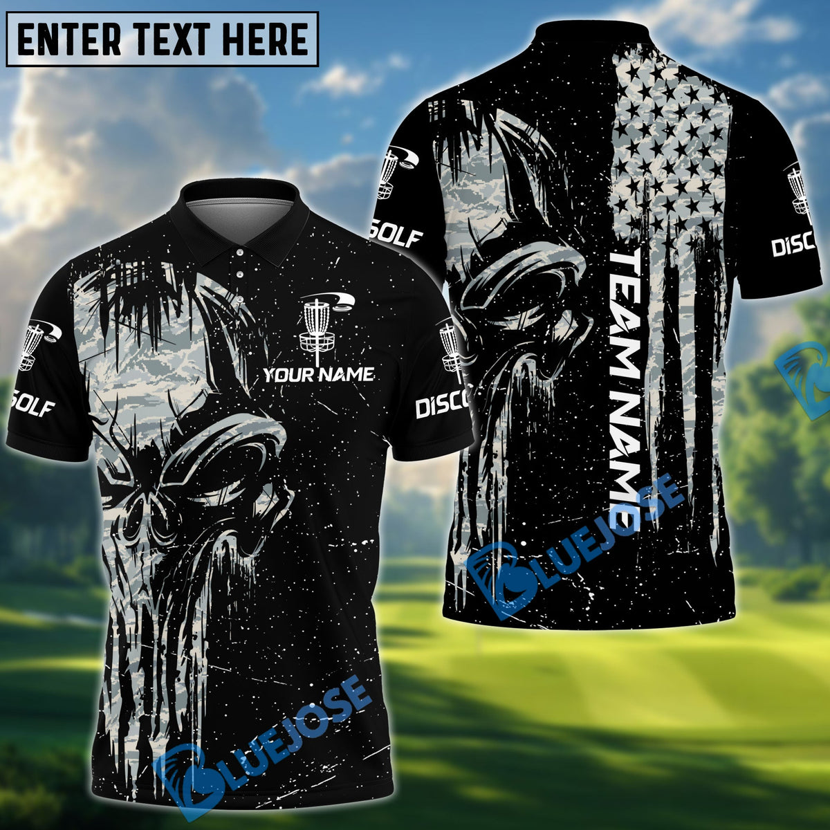 BlueJose Disc Golf Camo Punisher Skull Personalized Name, Team Name 3D Shirt (4 Colors)