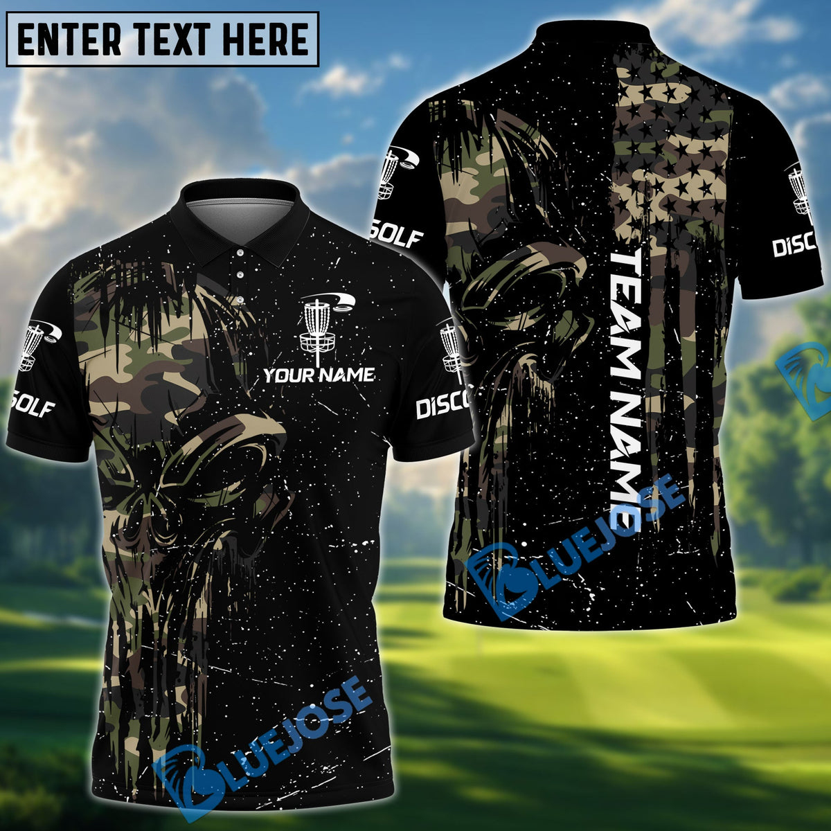 BlueJose Disc Golf Camo Punisher Skull Personalized Name, Team Name 3D Shirt (4 Colors)