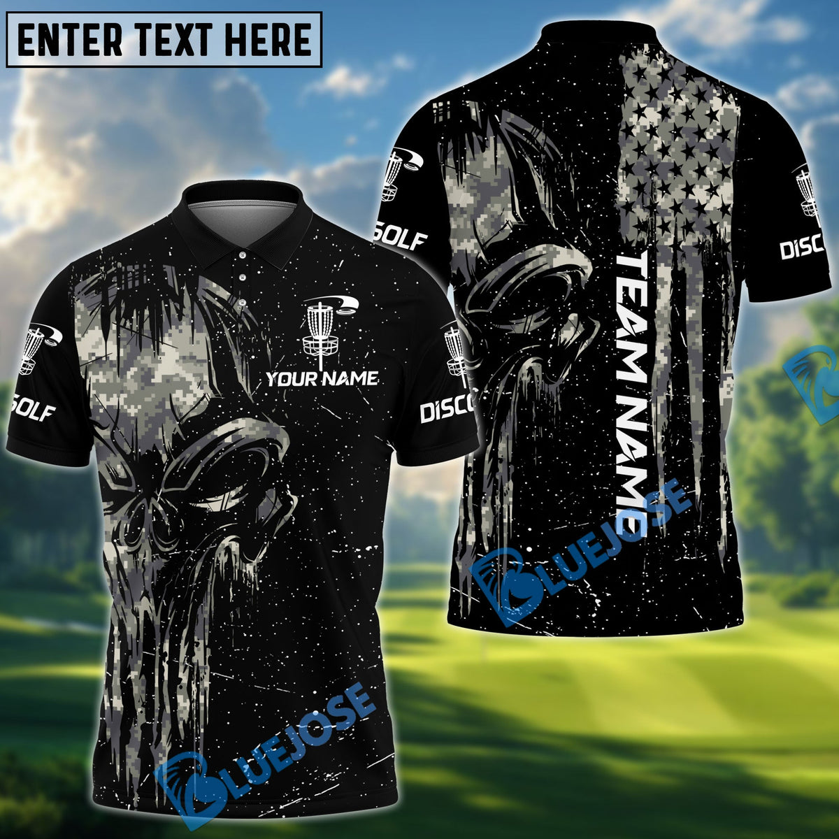 BlueJose Disc Golf Camo Punisher Skull Personalized Name, Team Name 3D Shirt (4 Colors)