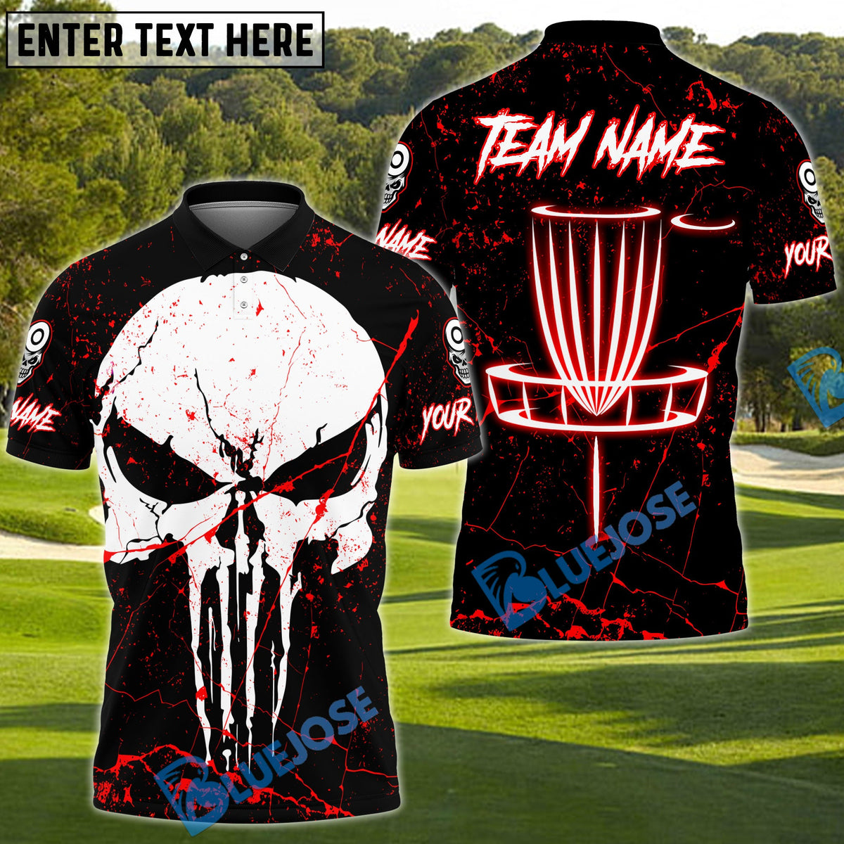 BlueJose Disc Golf Punisher Skull Neon Basket Personalized Name, Team Name 3D Shirt (4 Colors)