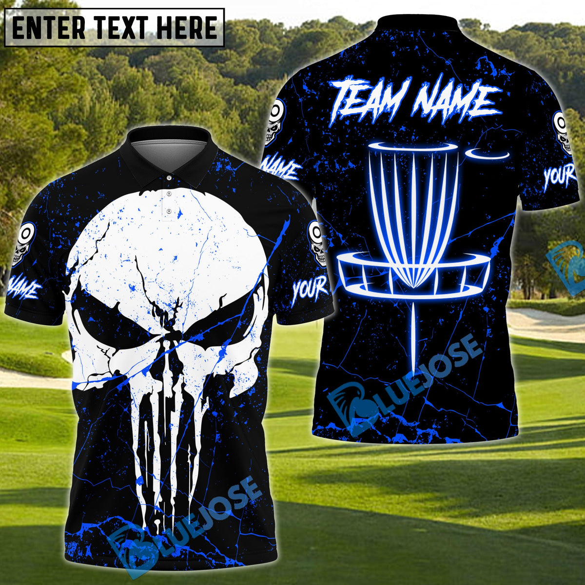 BlueJose Disc Golf Punisher Skull Neon Basket Personalized Name, Team Name 3D Shirt (4 Colors)