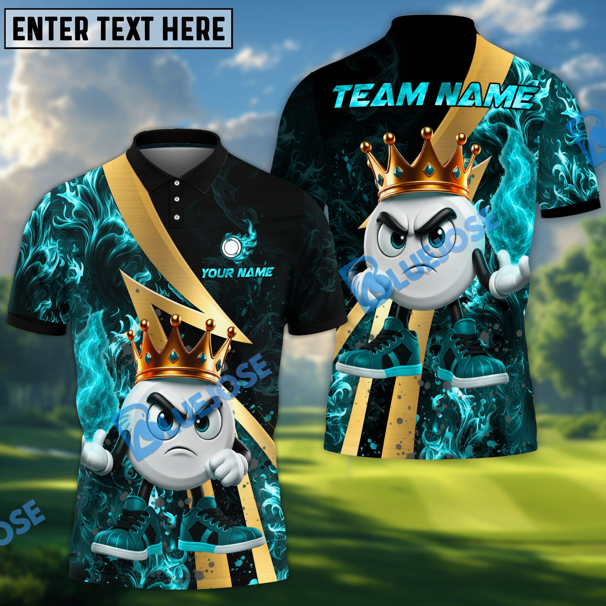BlueJose Disc Golf Royal Flames King Character Personalized Name, Team Name 3D Shirt (4 Colors)