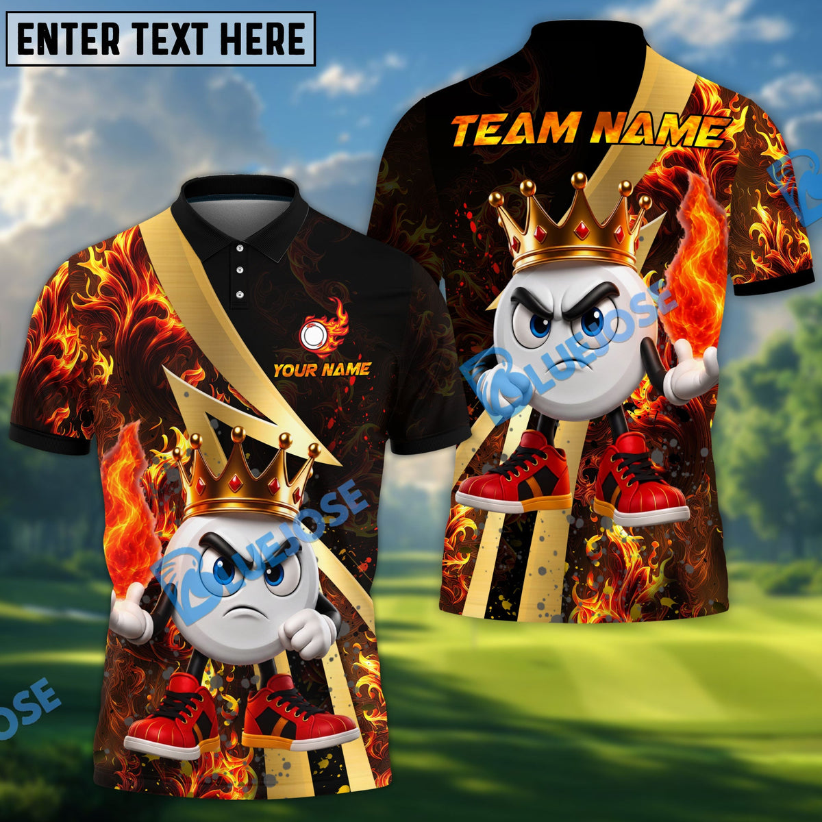 BlueJose Disc Golf Royal Flames King Character Personalized Name, Team Name 3D Shirt (4 Colors)