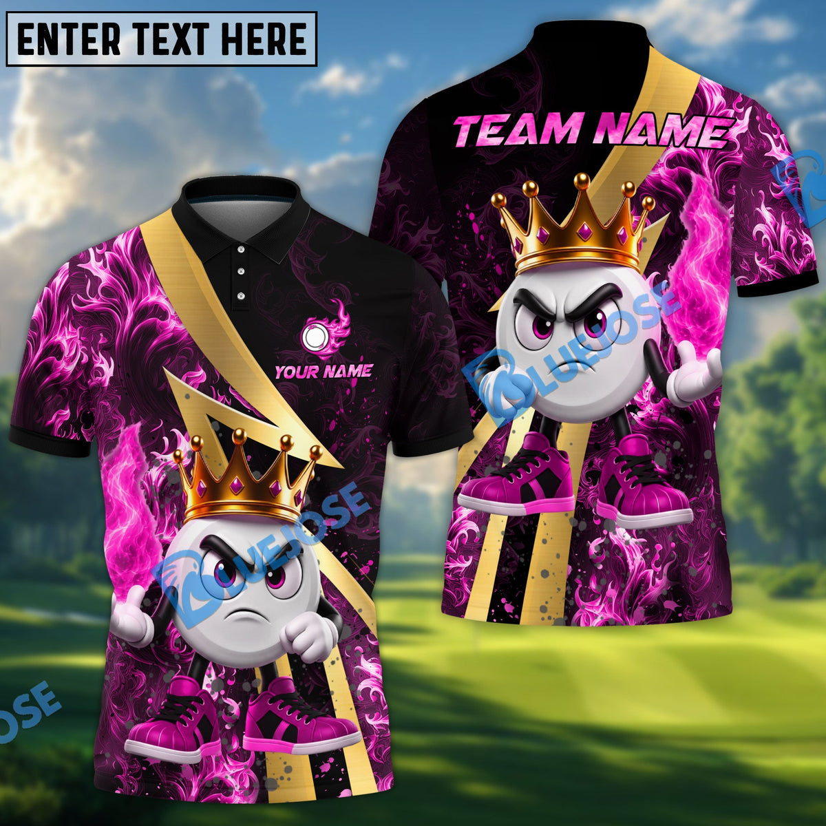 BlueJose Disc Golf Royal Flames King Character Personalized Name, Team Name 3D Shirt (4 Colors)