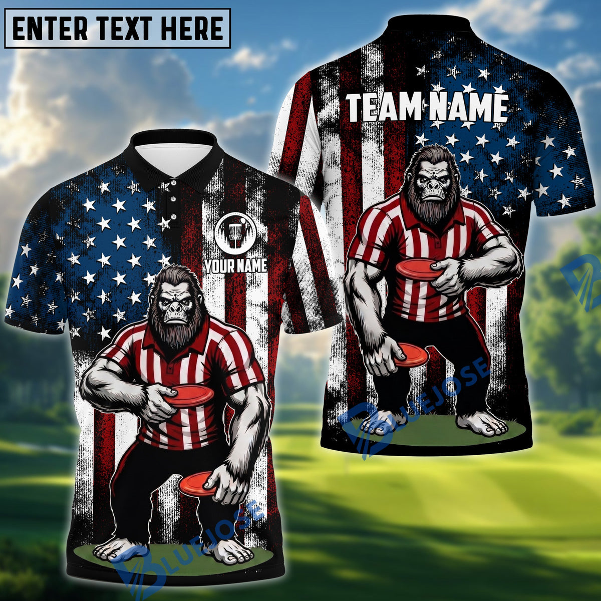 BlueJose Disc Golf American Flag Bigfoot Customized Name, Team Name 3D Shirt