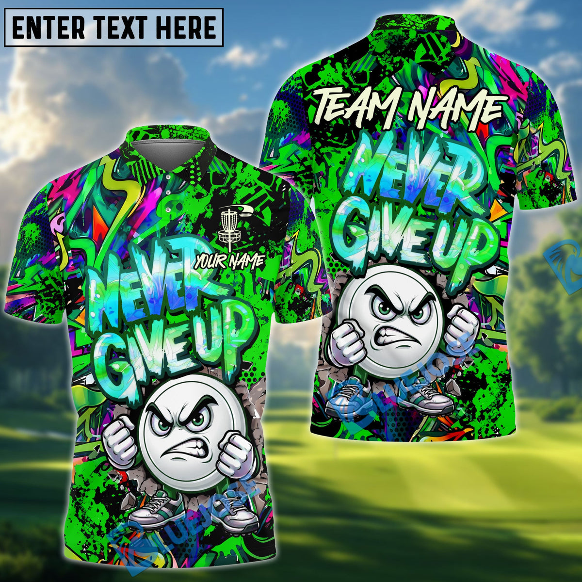 BlueJose Disc Golf Serious Never Give Up Graffiti Personalized Name, Team Name 3D Shirt (4 Colors)