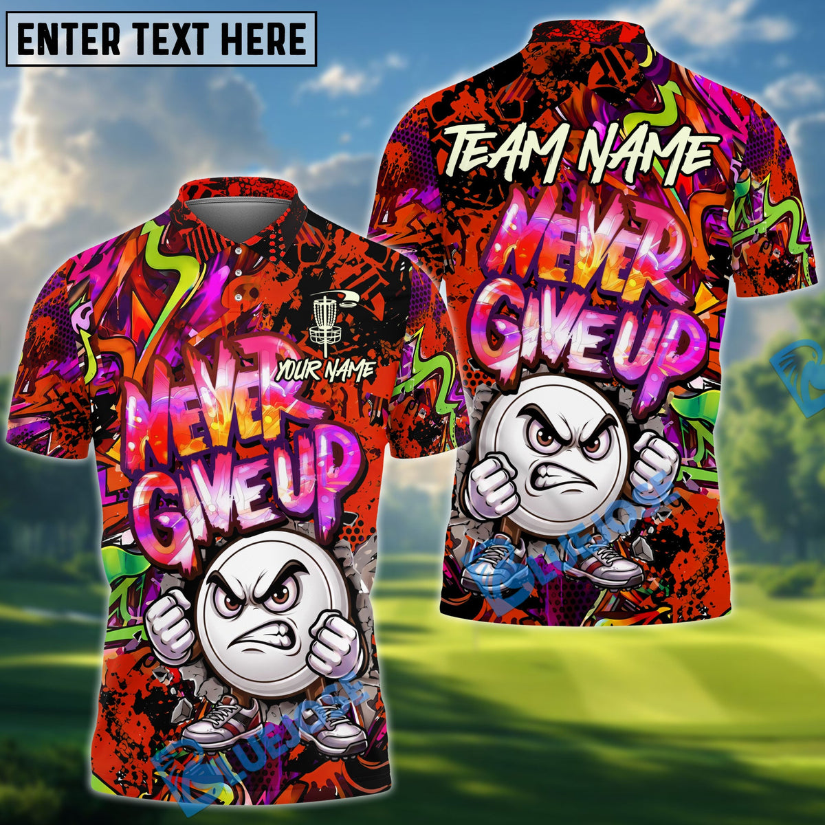 BlueJose Disc Golf Serious Never Give Up Graffiti Personalized Name, Team Name 3D Shirt (4 Colors)