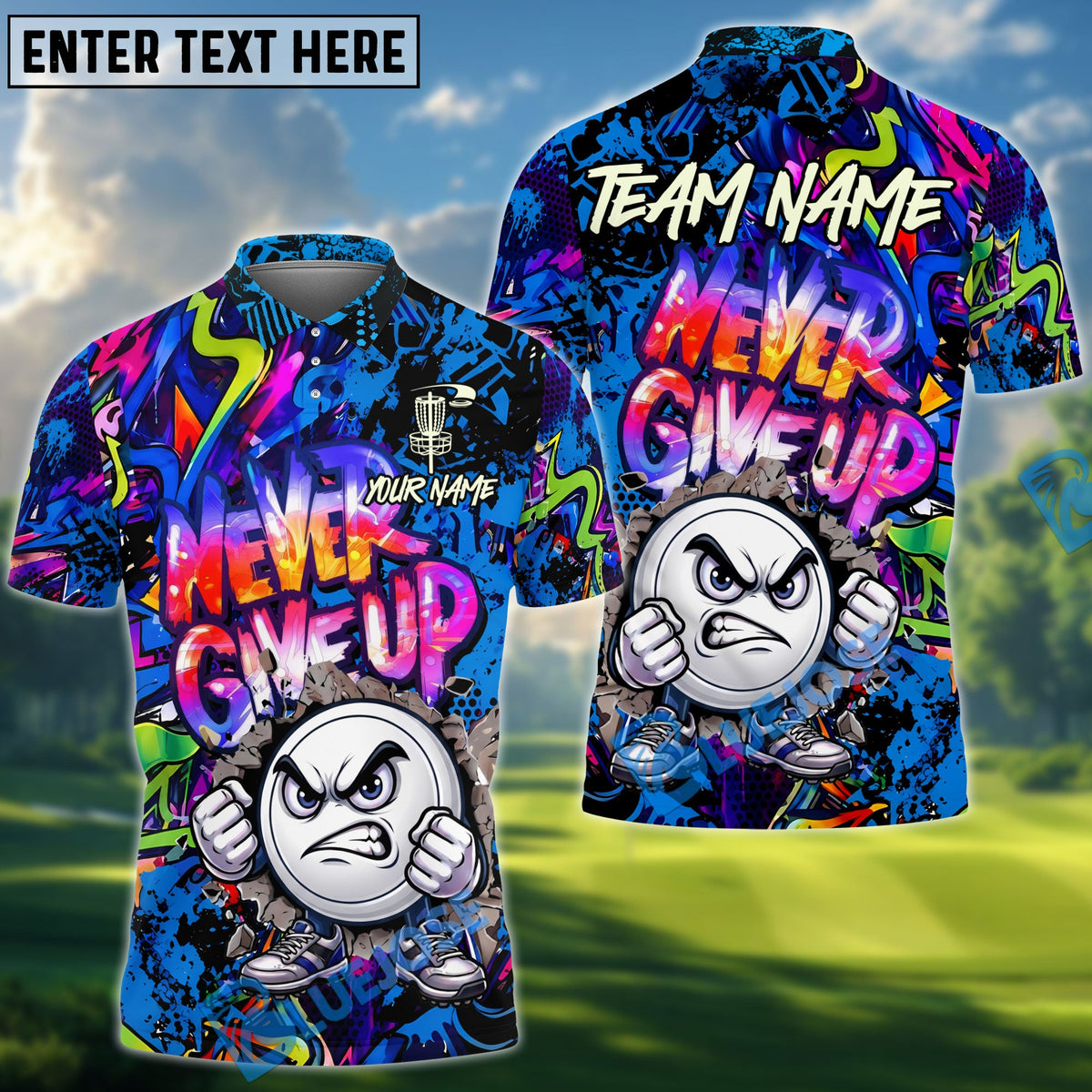BlueJose Disc Golf Serious Never Give Up Graffiti Personalized Name, Team Name 3D Shirt (4 Colors)