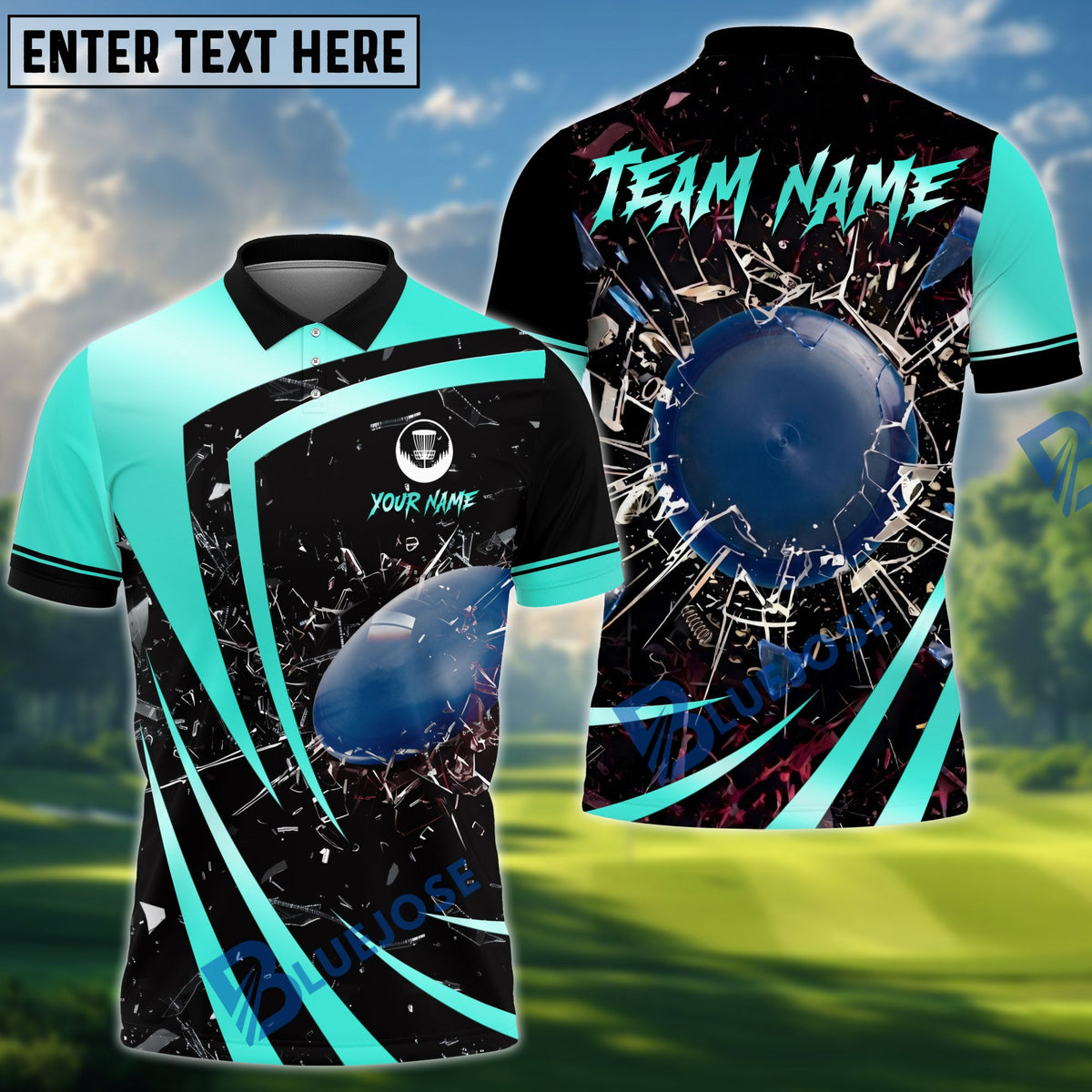 BlueJose Disc Golf Metallic Break Glass Personalized Name, Team Name 3D Shirt (6 Colors)