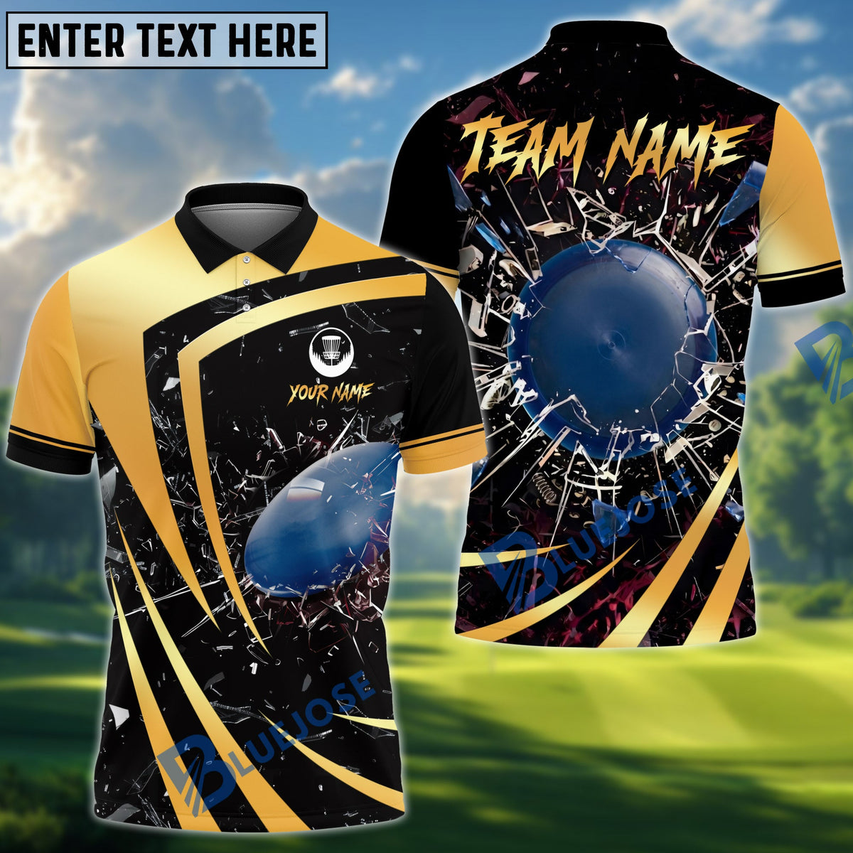 BlueJose Disc Golf Metallic Break Glass Personalized Name, Team Name 3D Shirt (6 Colors)