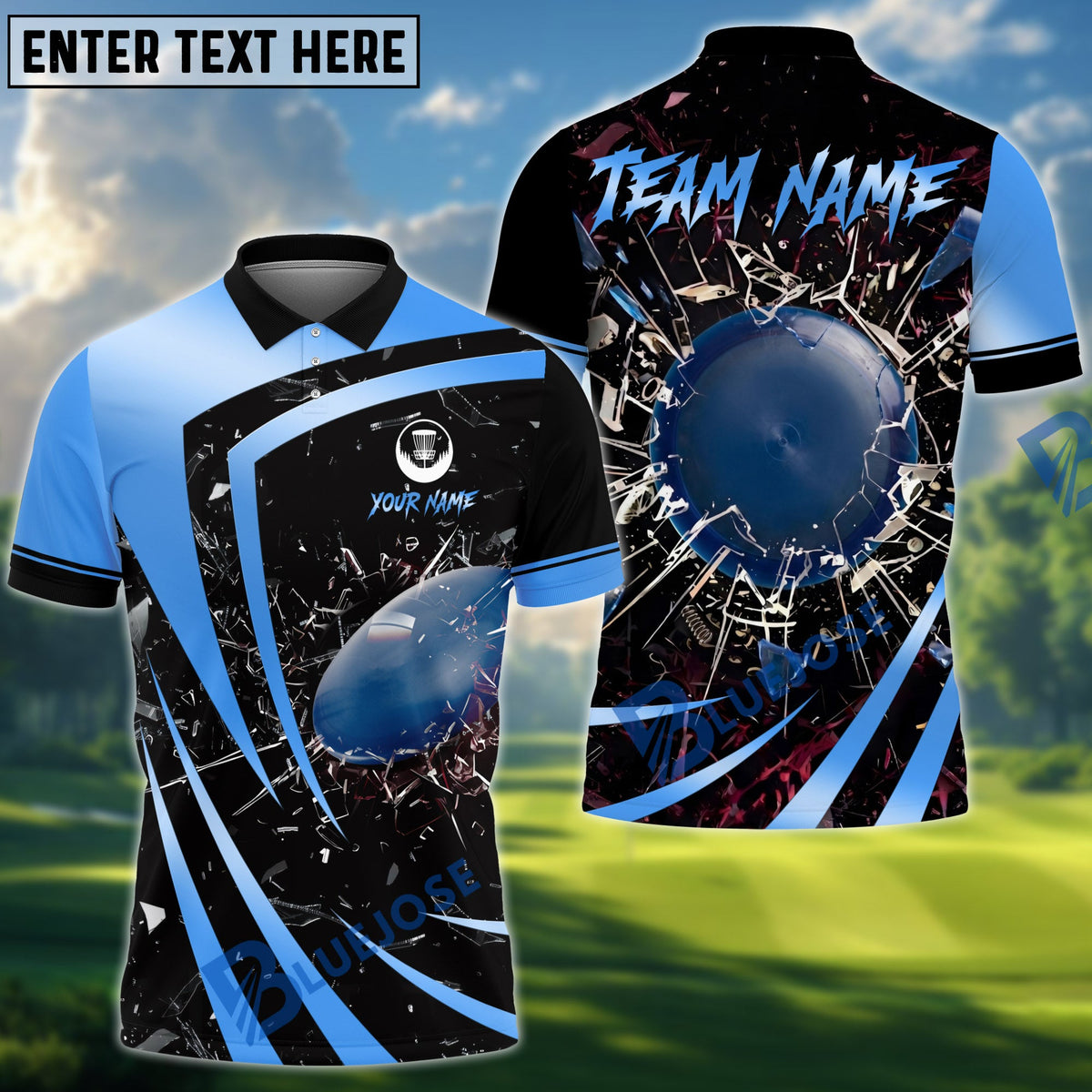 BlueJose Disc Golf Metallic Break Glass Personalized Name, Team Name 3D Shirt (6 Colors)