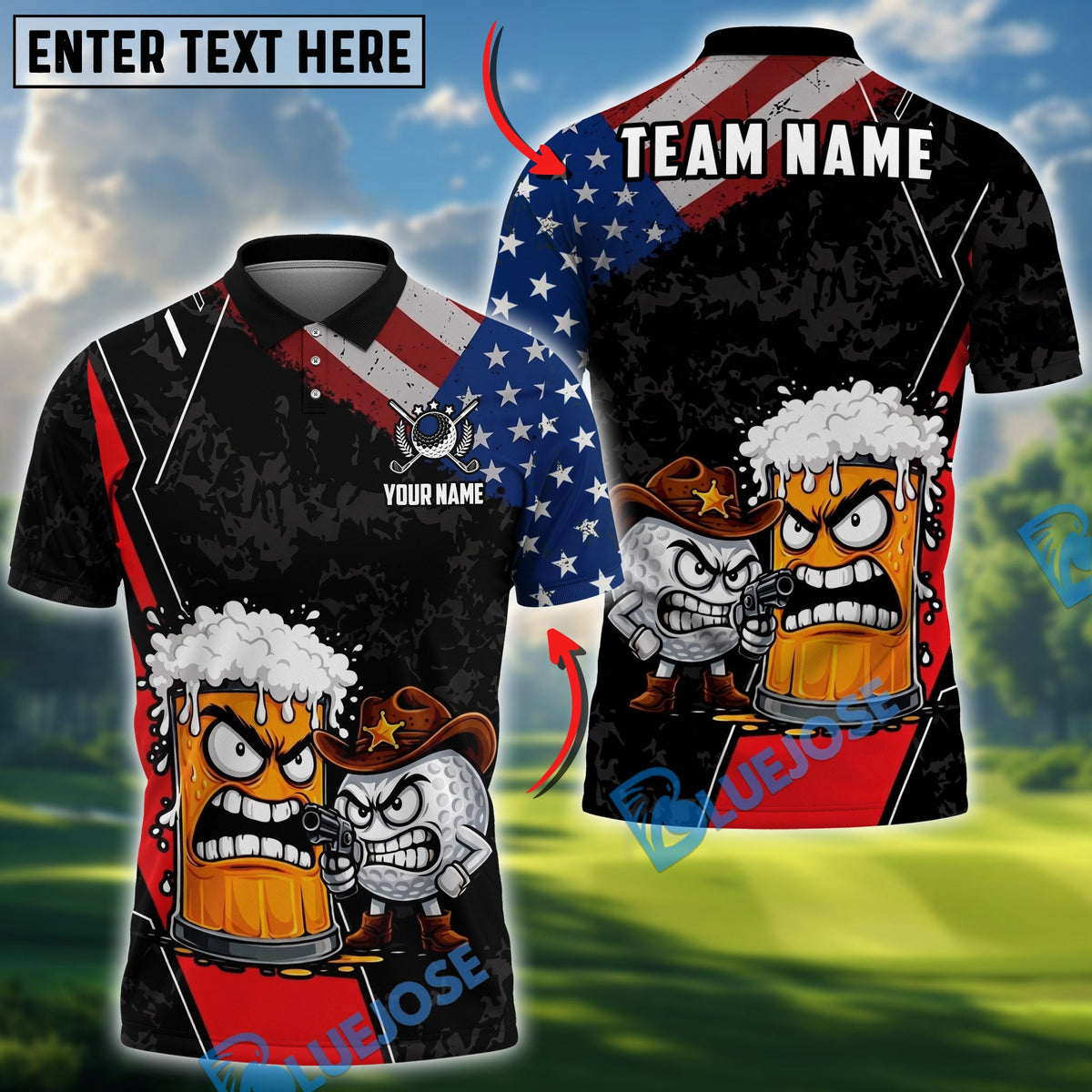 BlueJose Golf Funny Cowboy Beer Design Customized Name, Team Name Shirts (2 colors)