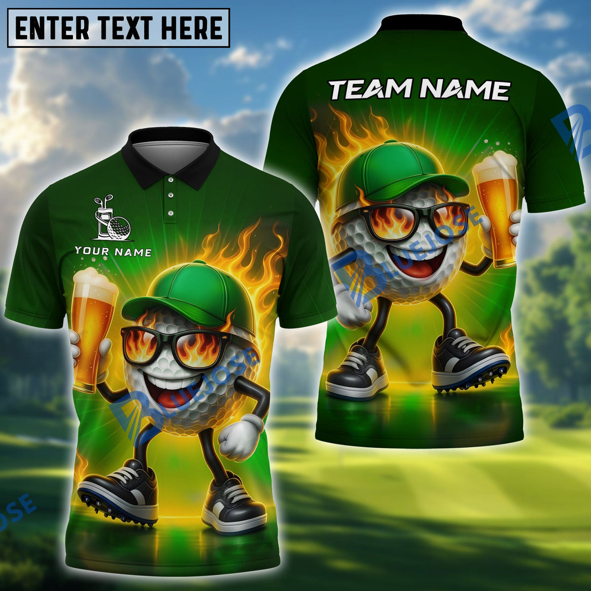 BlueJose Golf Shirt Flaming Ball Beer Lover Style Customized Name, Team Name Shirts (4 Colors)