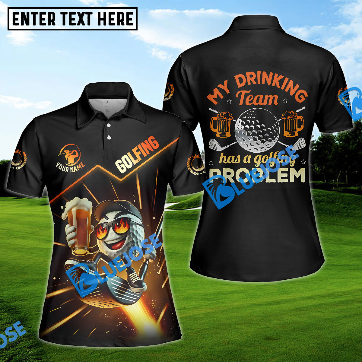 BlueJose My Drinking Team Has A Golfing Problem Funny Golf Polo Shirt, Custom Name Golf 3D Shirts