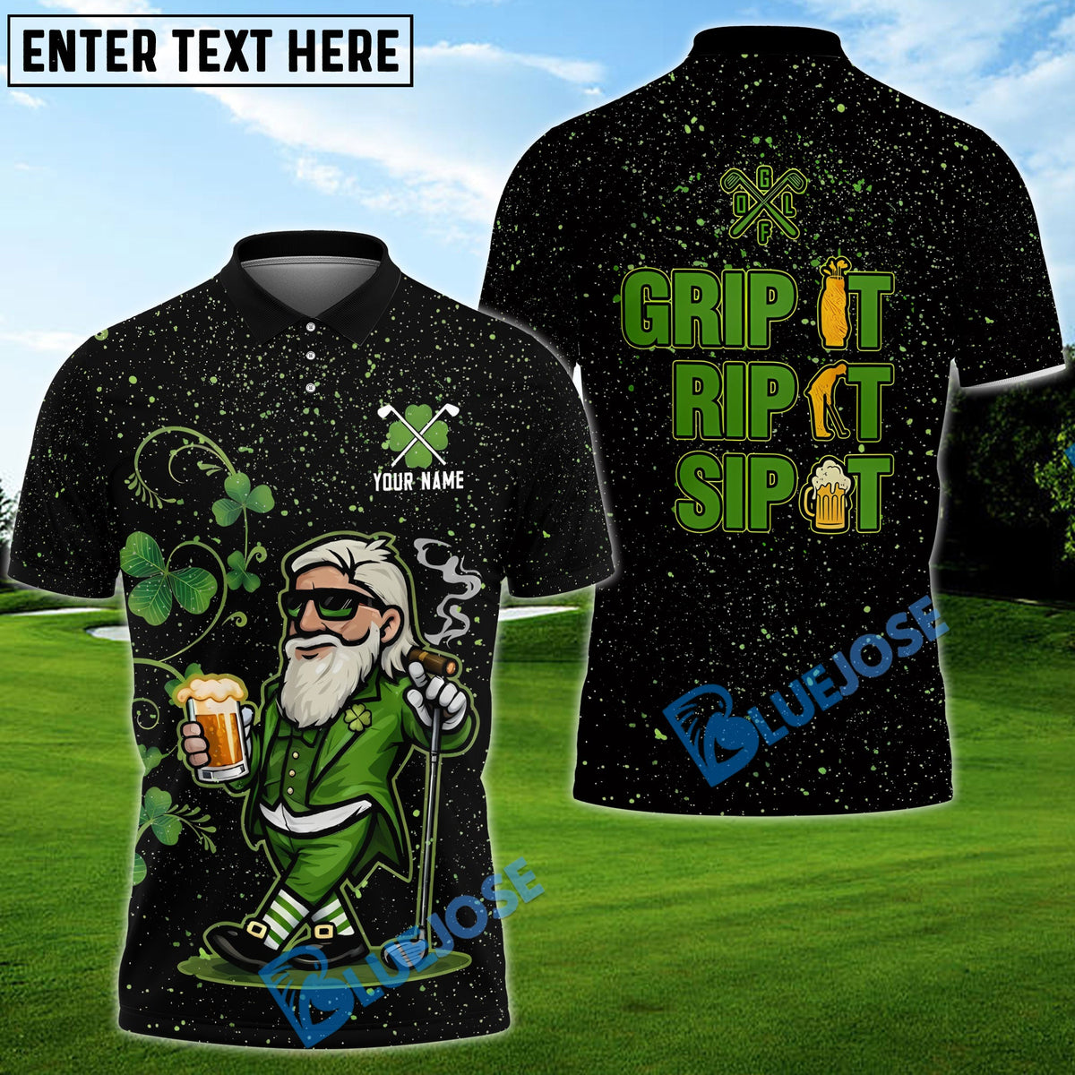 BlueJose Grip It Rip It Sip It St Patrick's Day Leprechaun Golf And Beer Shamrock Golf Shirt, Golf Shirts For Men