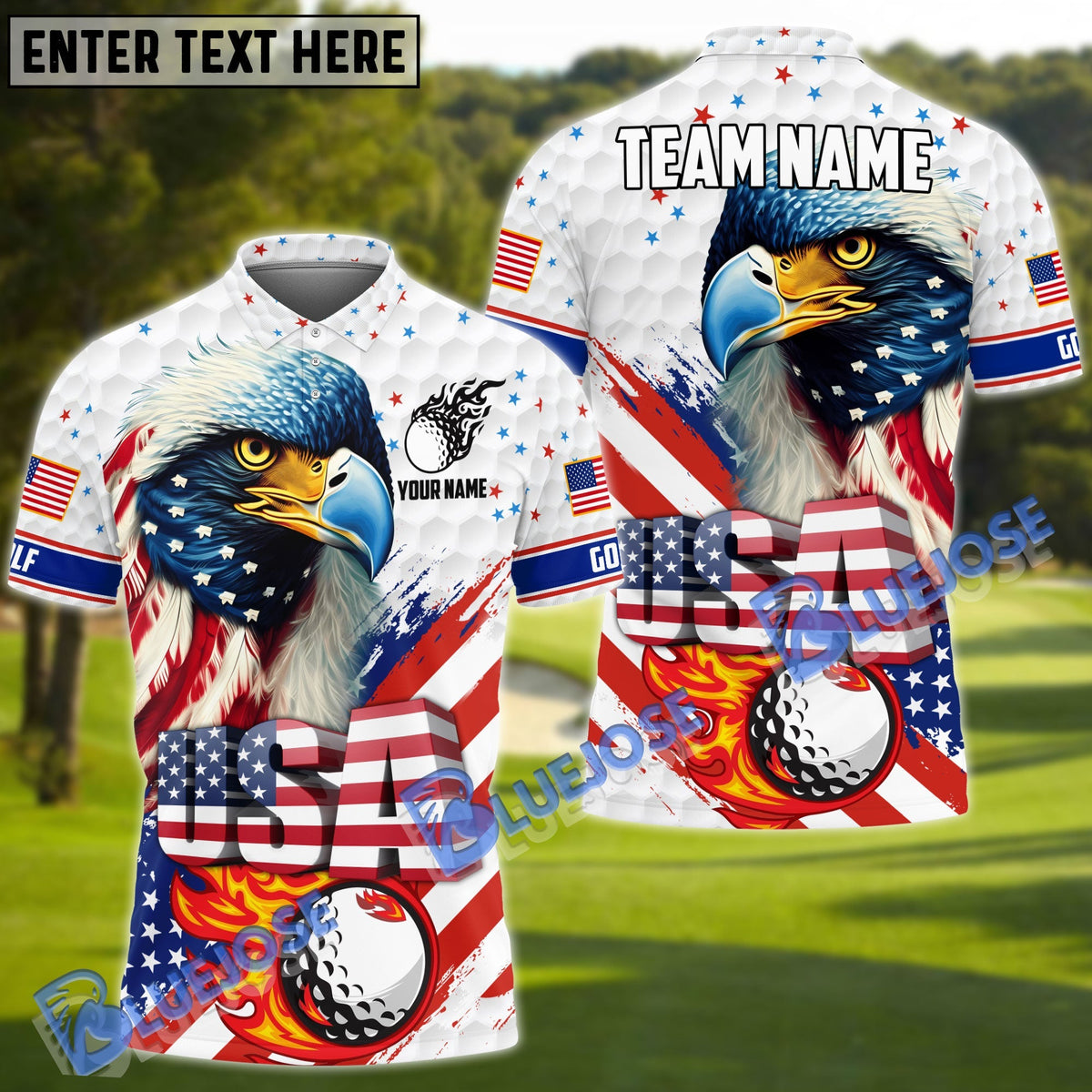 BlueJose Golf Eagle Fire Ball Flag Pattern Customized Name, Team Name 3D Shirts (4 Colors)