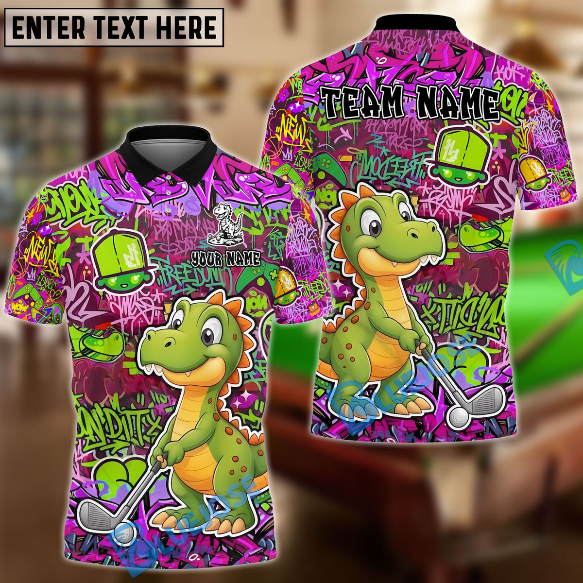 BlueJose Golf Graffiti Cute Dinosaur Personalized Name, Team Name 3D Shirt (4 Colors)