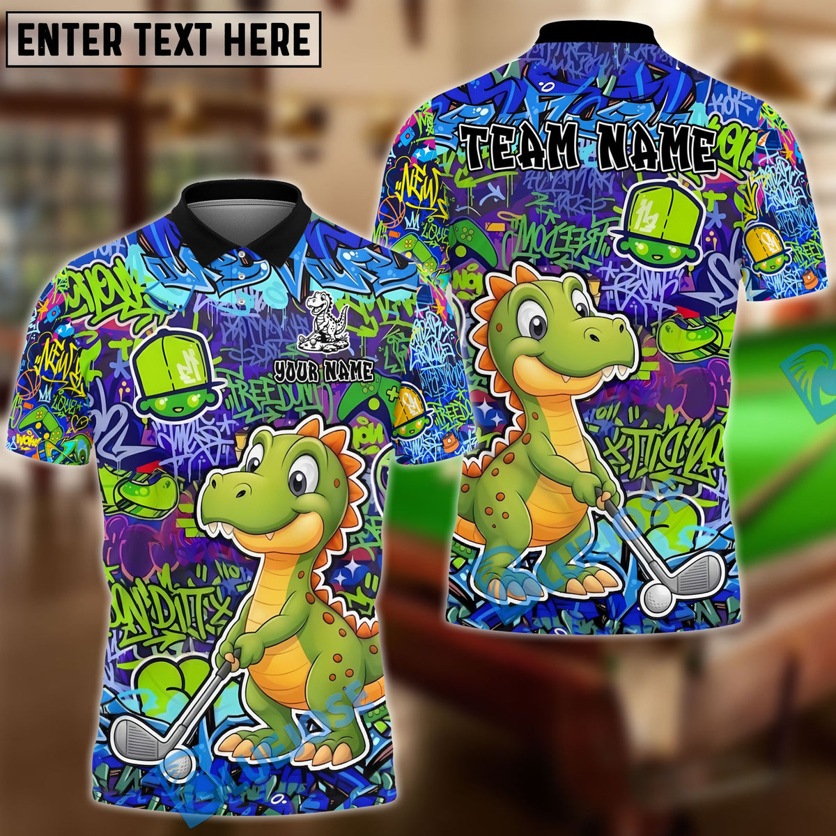 BlueJose Golf Graffiti Cute Dinosaur Personalized Name, Team Name 3D Shirt (4 Colors)