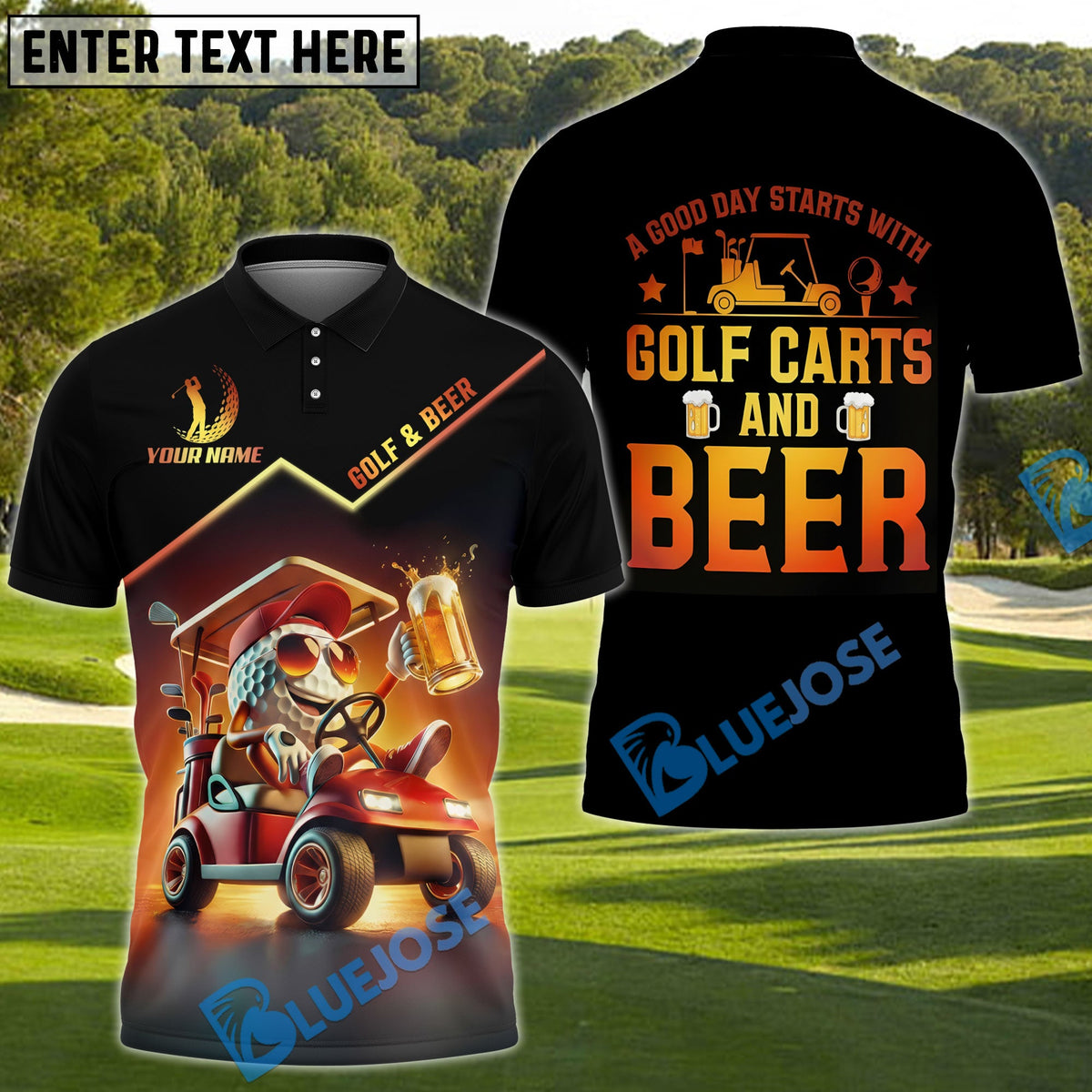 BlueJose A Good Day Starts With Golf Carts And Beer Funny Golf Shirt, Custom Name & Team Name 3D Shirts