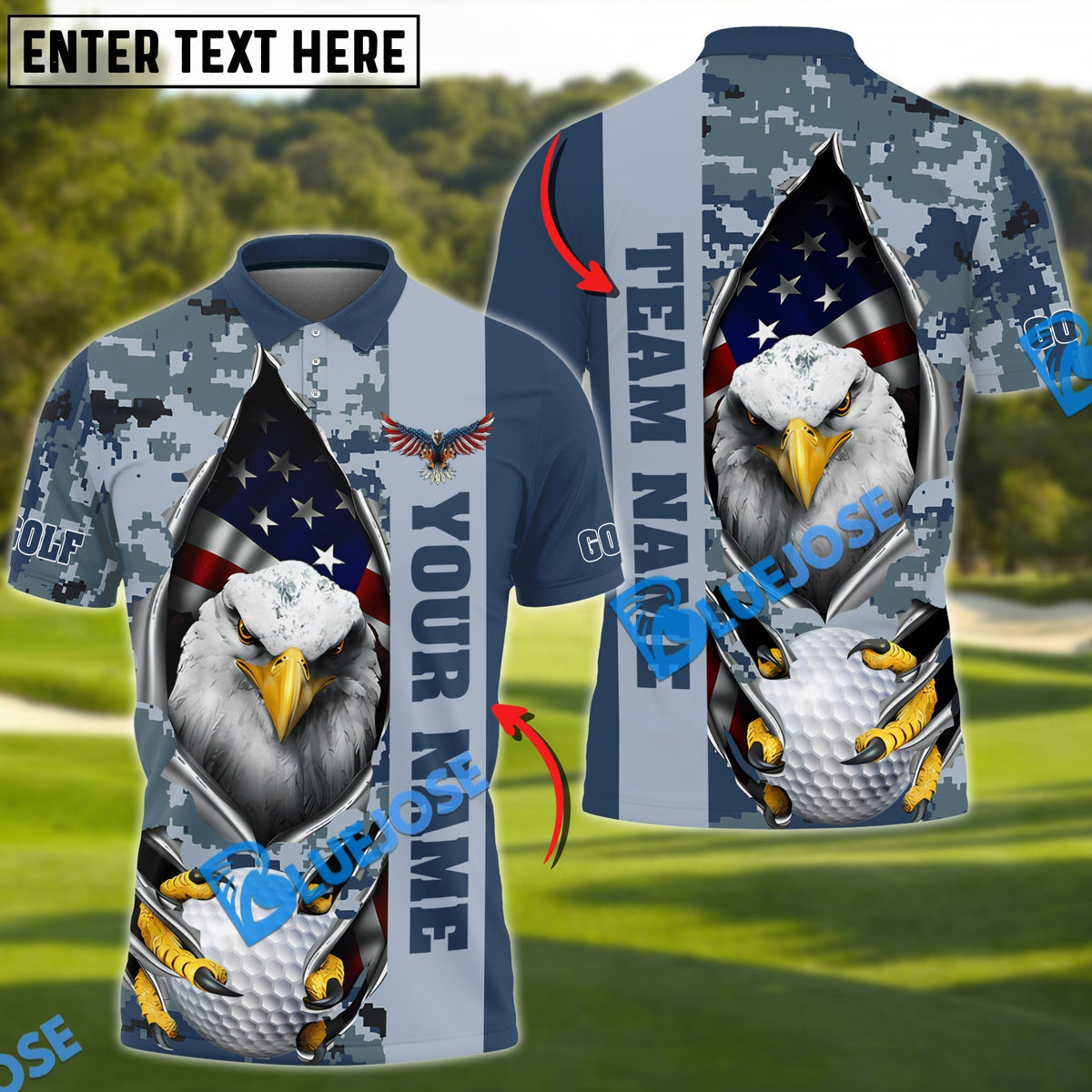 BlueJose Golf American Eagle Army Camo Customized Name, Team Name 3D Shirts (4 Colors)