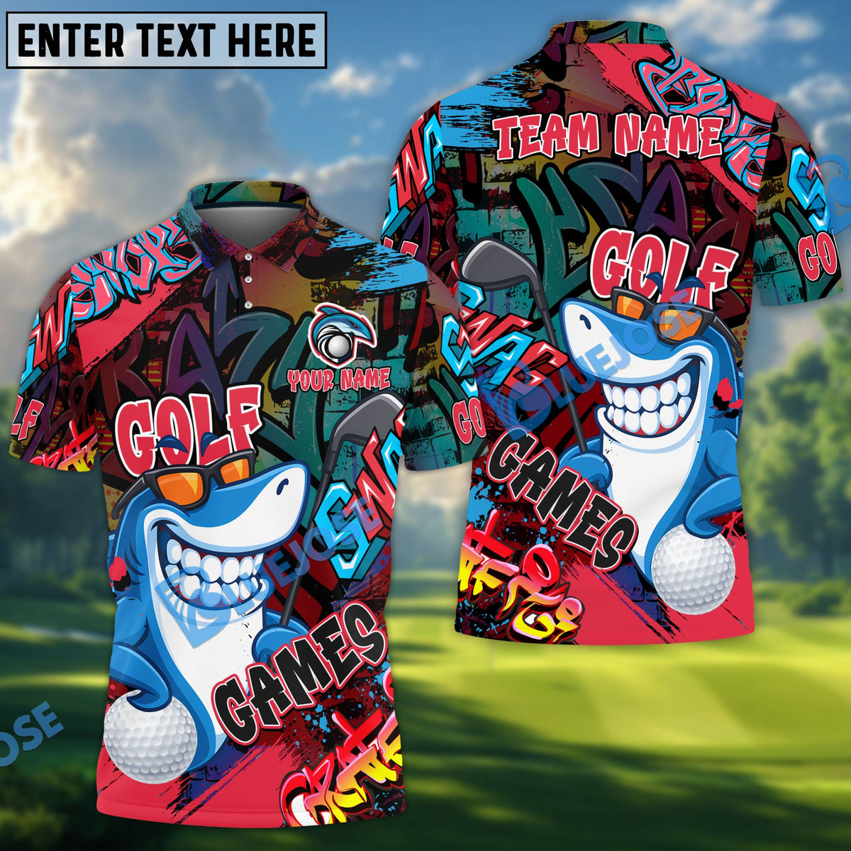 BlueJose Golf Funny Shark Graffiti Customized Name, Team Name 3D Shirts (4 Colors)
