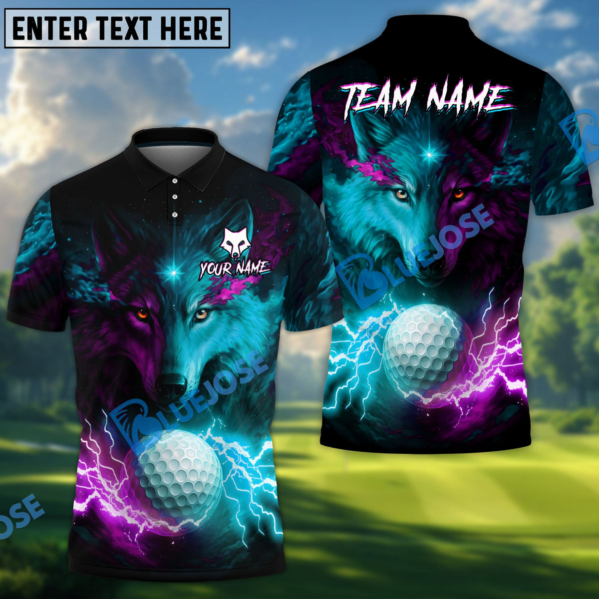 BlueJose Water Wolf & Fire Wolf Pattern Golf Shirt ‚Äö√Ñ√¨ Lightning 3D Design with Custom Name & Team (4 Colors)
