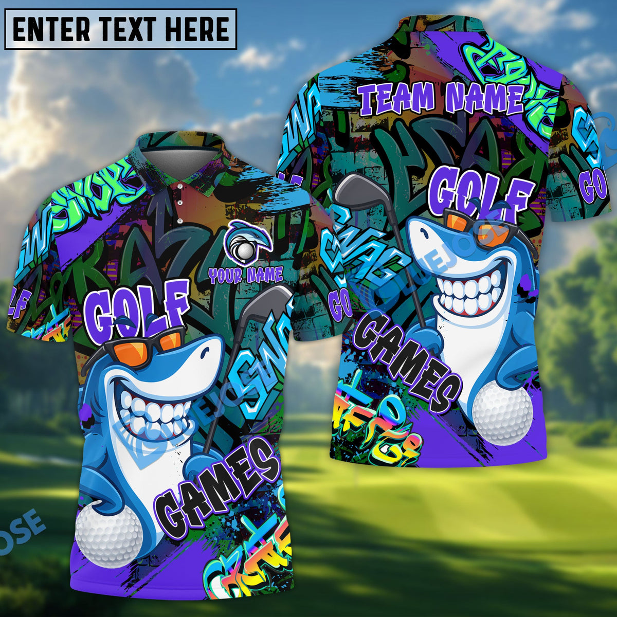 BlueJose Golf Funny Shark Graffiti Customized Name, Team Name 3D Shirts (4 Colors)