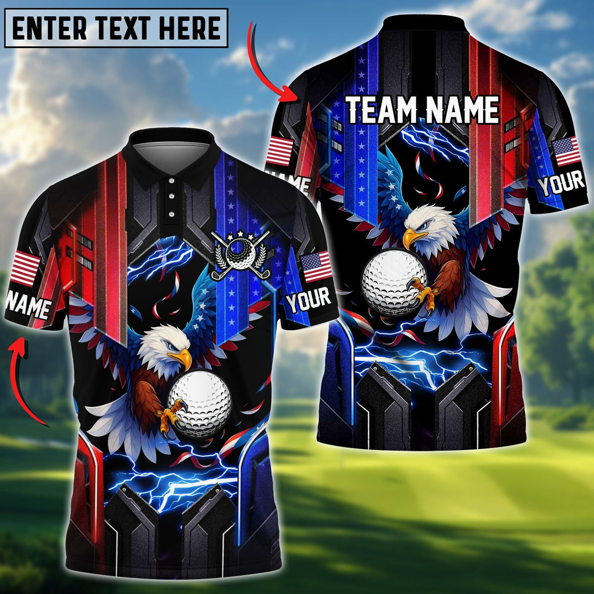 BlueJose Golf Eagle American Flag Lightning Custom Name, Team Name 3D Shirts