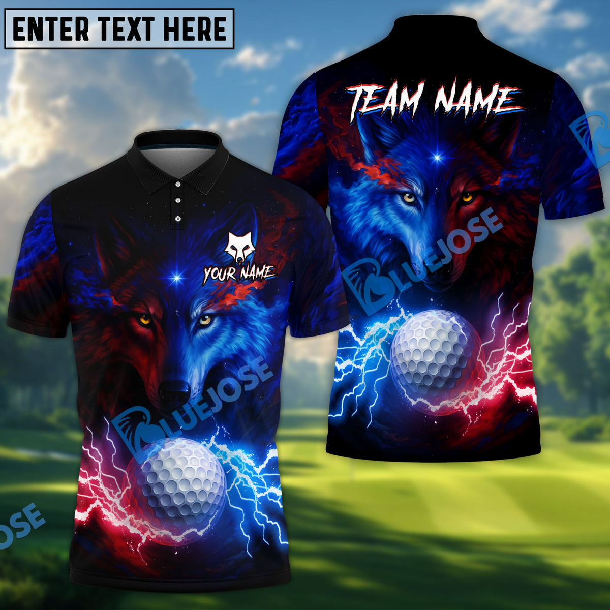 BlueJose Water Wolf & Fire Wolf Pattern Golf Shirt ‚Äö√Ñ√¨ Lightning 3D Design with Custom Name & Team (4 Colors)