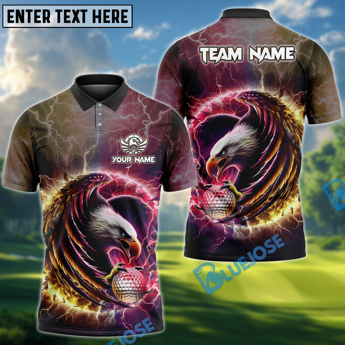 BlueJose Premium Eagle Golf Shirt Multicolor 3D Design with Custom Name & Team (4 Colors)