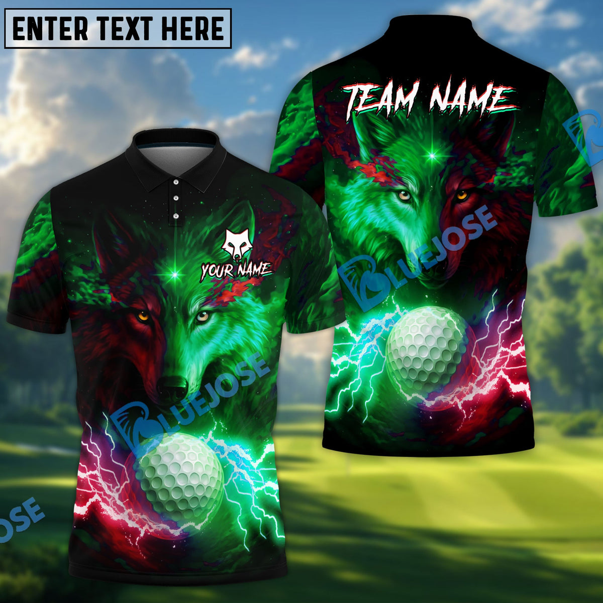 BlueJose Water Wolf & Fire Wolf Pattern Golf Shirt ‚Äö√Ñ√¨ Lightning 3D Design with Custom Name & Team (4 Colors)