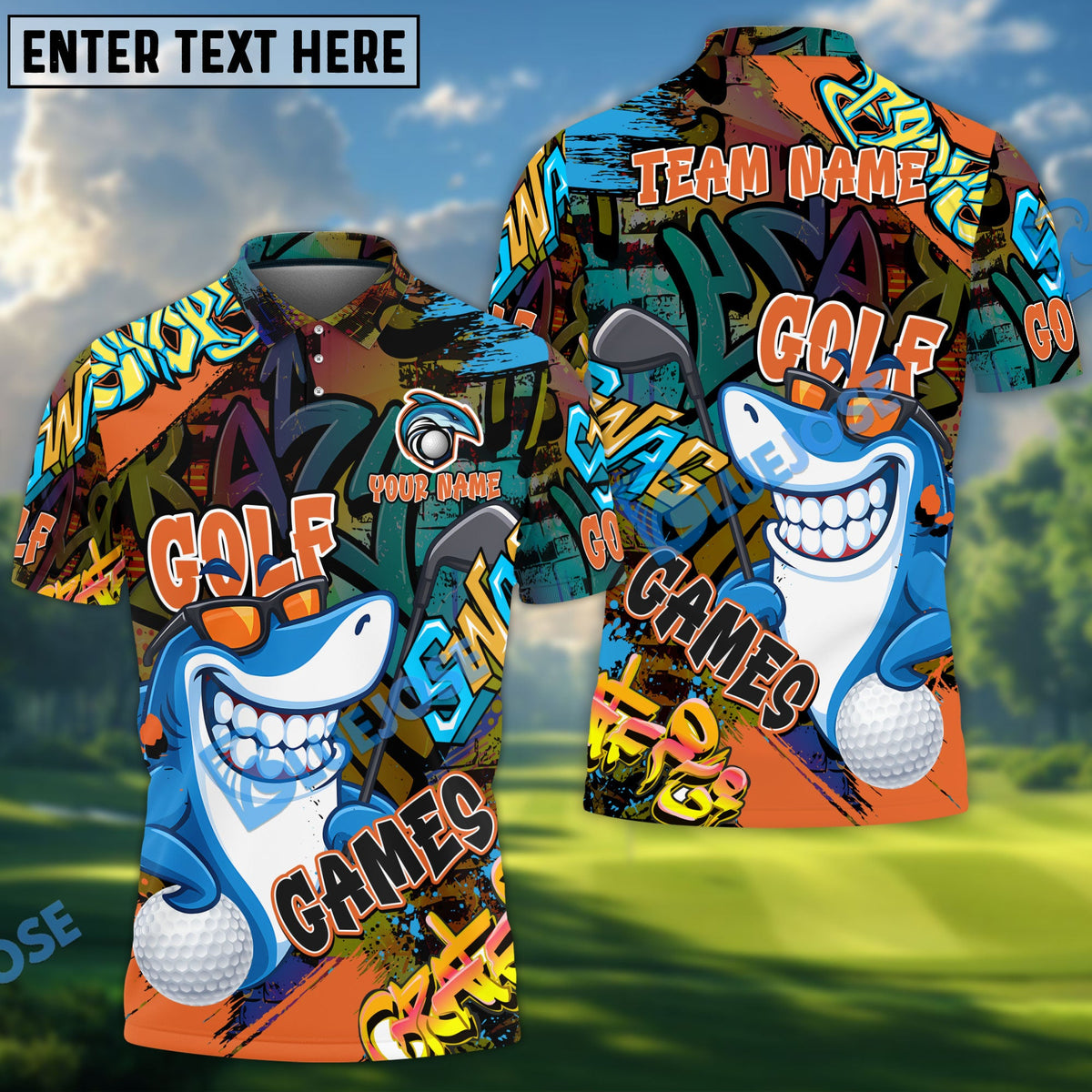 BlueJose Golf Funny Shark Graffiti Customized Name, Team Name 3D Shirts (4 Colors)