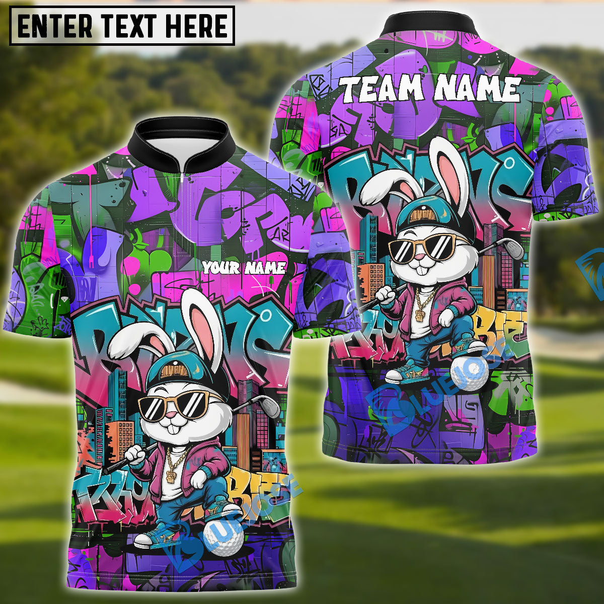 BlueJose Graffiti Bunny Golf Polo Customized Name, Team Name 3D Shirts (4 Colors)