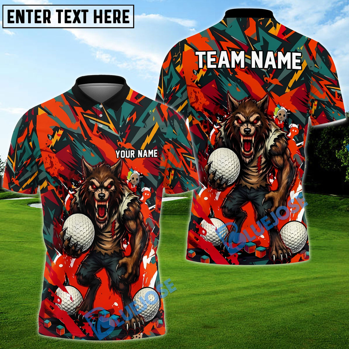 BlueJose Golf Angry Wolf Chaos Graphic Design Personalized Name, Team Name 3D Shirt (4 Colors)