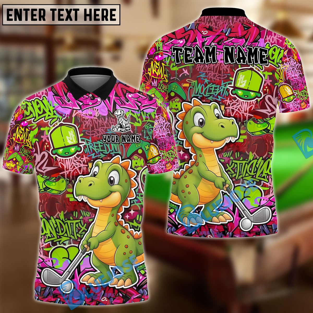 BlueJose Golf Graffiti Cute Dinosaur Personalized Name, Team Name 3D Shirt (4 Colors)