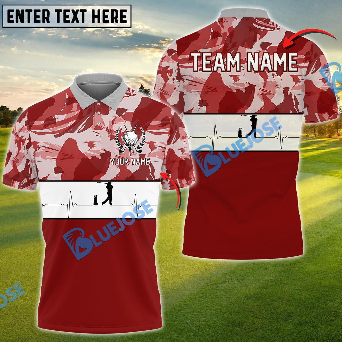 BlueJose Golf Polo Shirt with Camo Print and Heartbeat Customized Name, Team Name 3D Shirts (4 Colors)