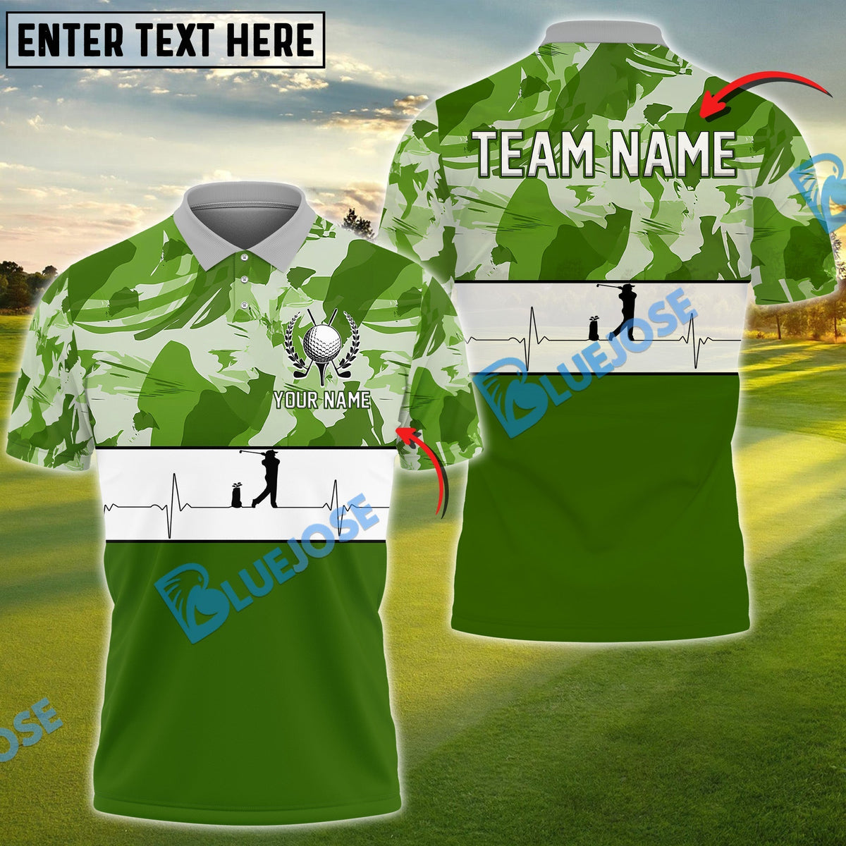 BlueJose Golf Polo Shirt with Camo Print and Heartbeat Customized Name, Team Name 3D Shirts (4 Colors)