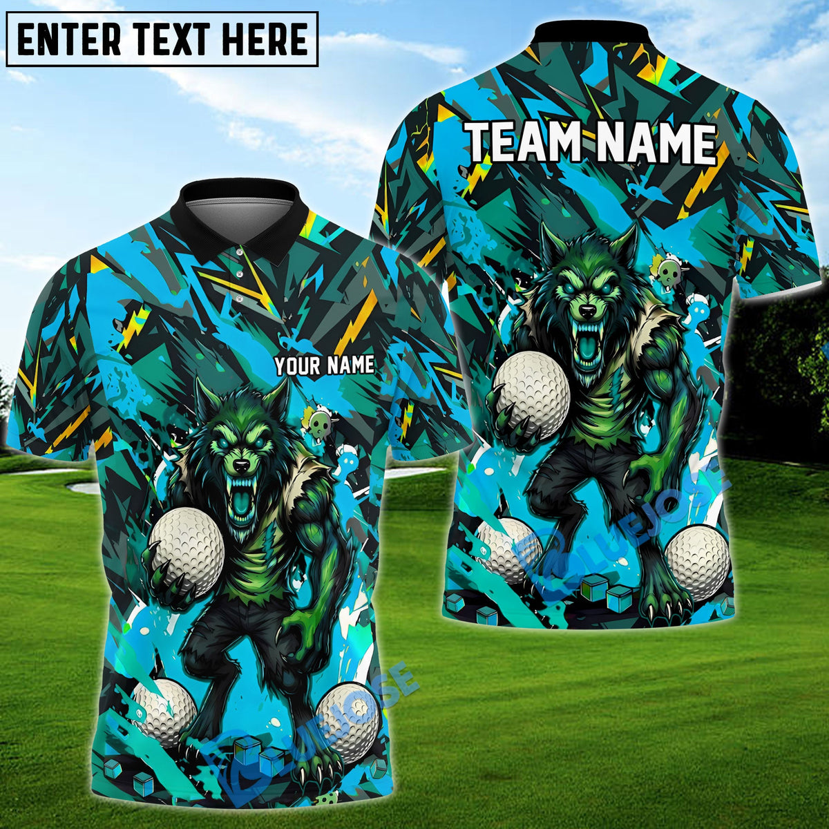 BlueJose Golf Angry Wolf Chaos Graphic Design Personalized Name, Team Name 3D Shirt (4 Colors)