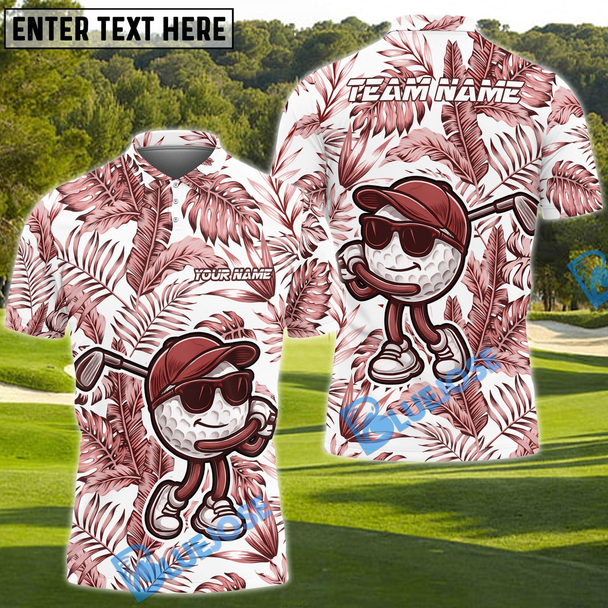 BlueJose Funny Golf Ball Tropical Leaf Customized Name, Team Name 3D Shirts (4 Colors)