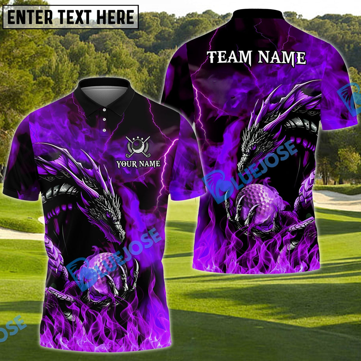 BlueJose Dragon Golf Fire Lightning Shirt Customized Name, Team Name 3D Shirts (4 Colors)