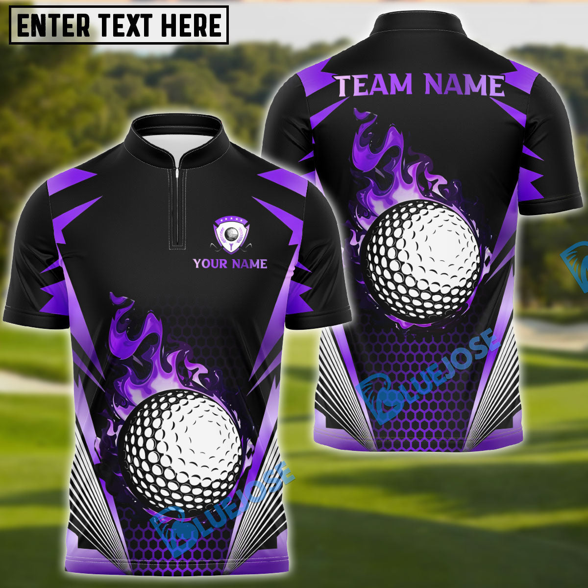 BlueJose Blazing Fireball Golf Polo Shirt, Customized Name & Team Name 3D Shirts (4 Colors)