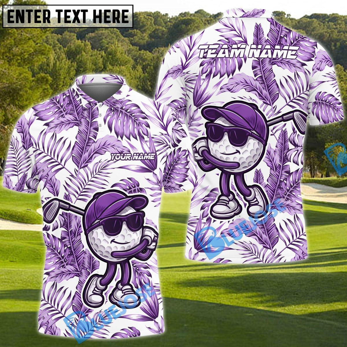 BlueJose Funny Golf Ball Tropical Leaf Customized Name, Team Name 3D Shirts (4 Colors)
