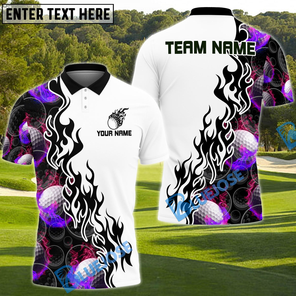 BlueJose Fireball Golf Shirt Customized Name, Team Name 3D Shirts (4 Colors)