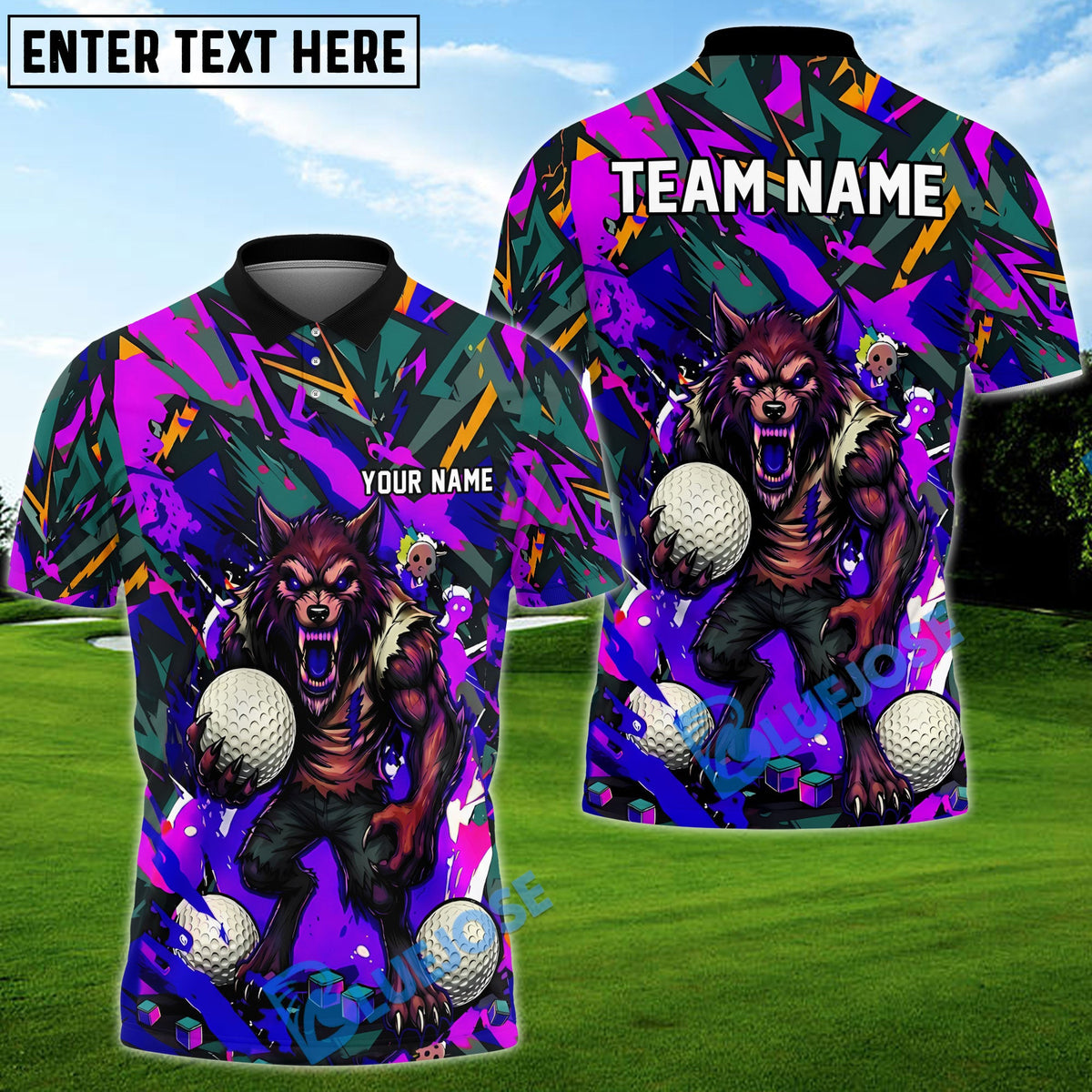 BlueJose Golf Angry Wolf Chaos Graphic Design Personalized Name, Team Name 3D Shirt (4 Colors)