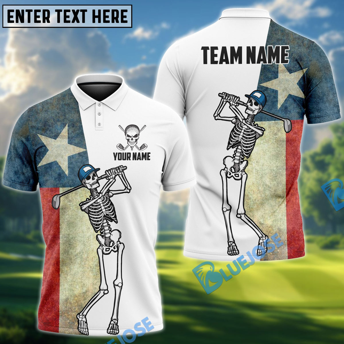BlueJose Skeleton Golf Flag Options Personalized Name, Team Name 3D Shirt (4 Colors)